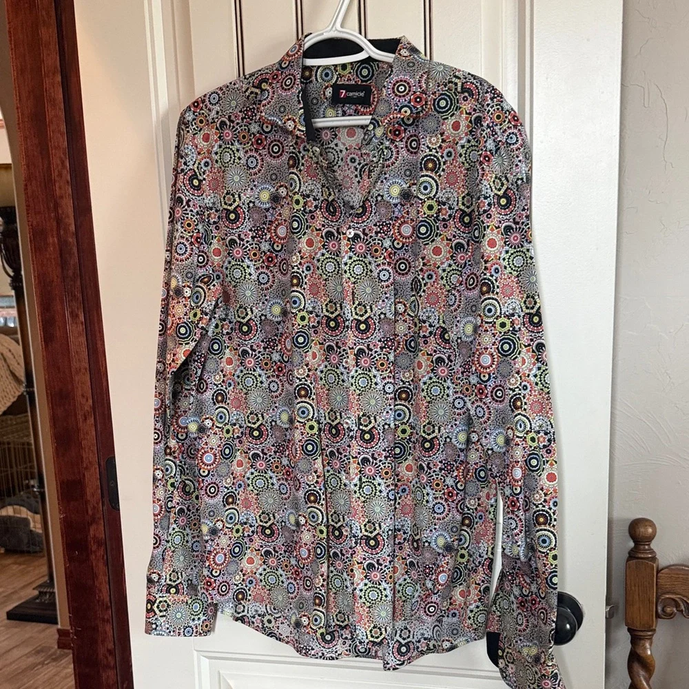 7camice Italian Shirt in Colorful Geometric Button Down Shirt - Picture 1 of 7